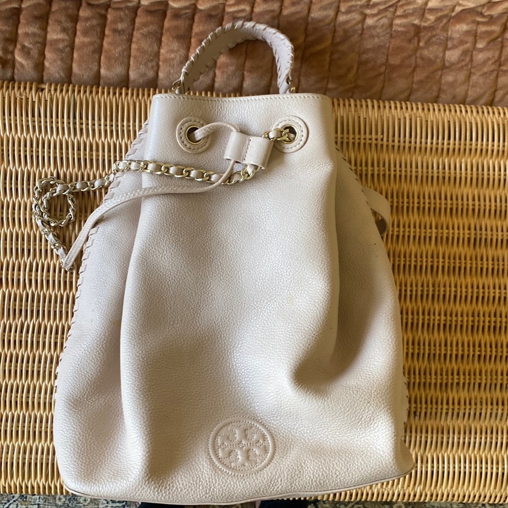 Leather back pack with draw string closure